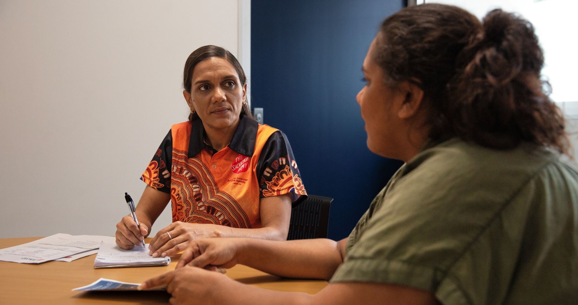 A Salvation Army officer wearing the indigenous shirt design