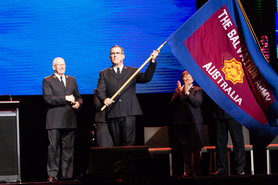 Commissioner Floyd Tidd flies the new Australia Territory flag in December 2018.