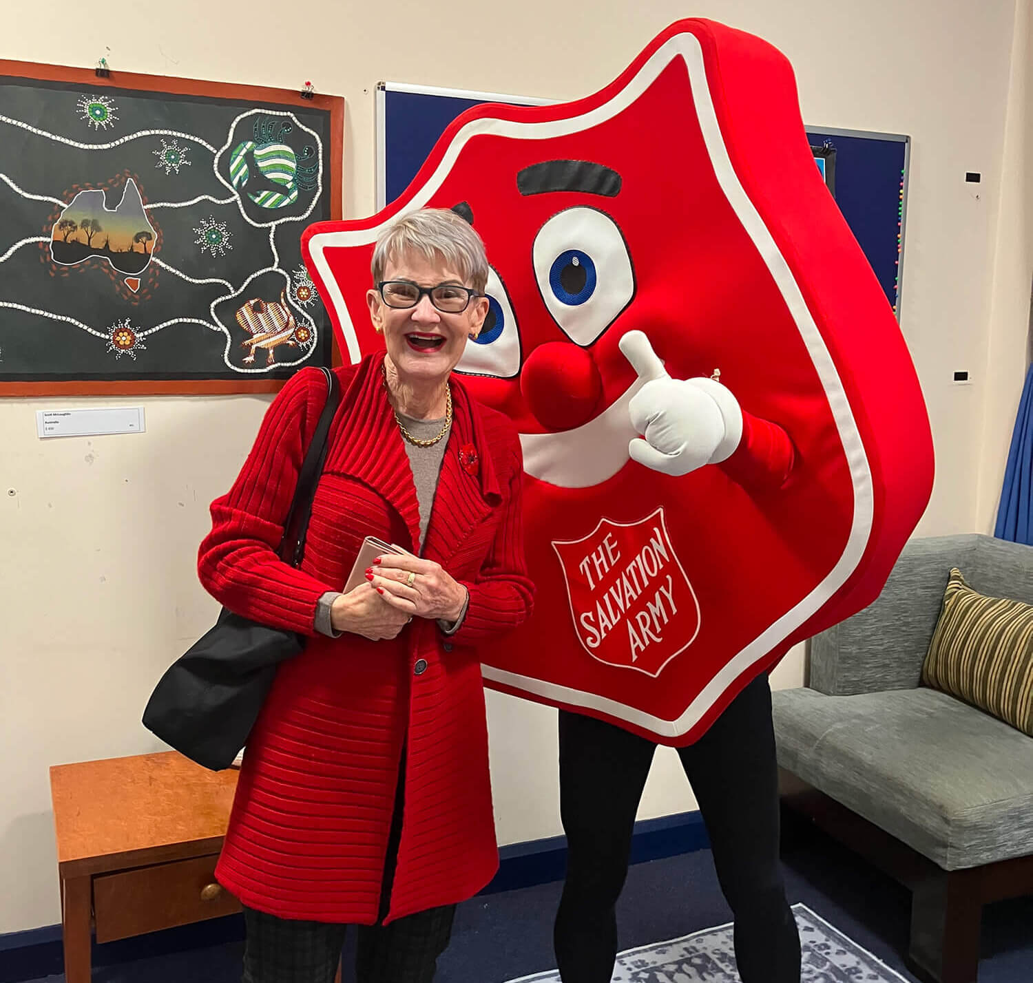Moira at a Red Shield Appeal event &mdash; meeting Shieldy.
