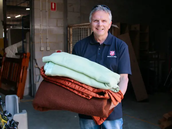 Donating blankets at the Salvos Stores.