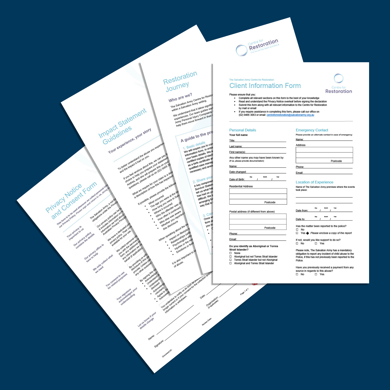 Graphic showing pages of the client information pack against a plain blue blackground.