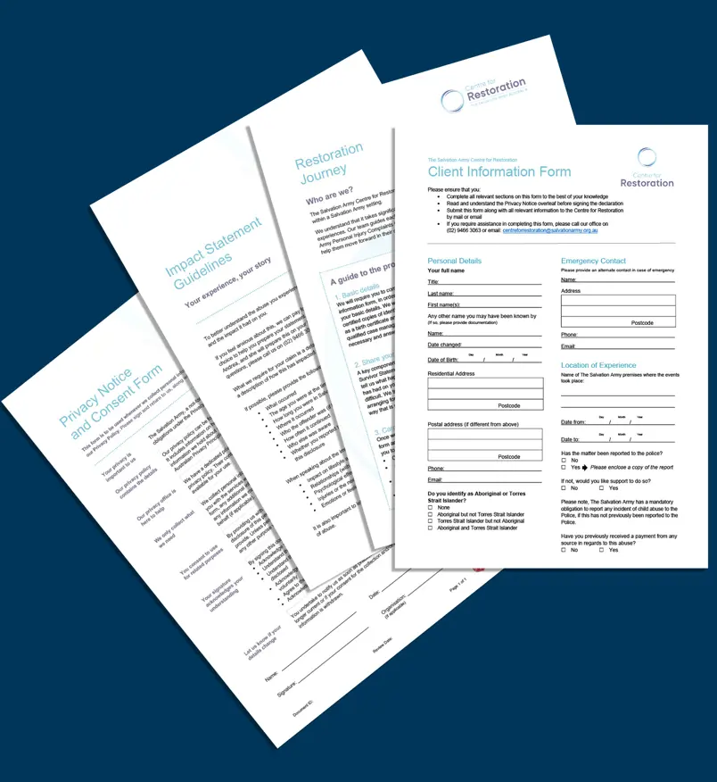 Graphic showing pages of the client information pack against a plain blue blackground.