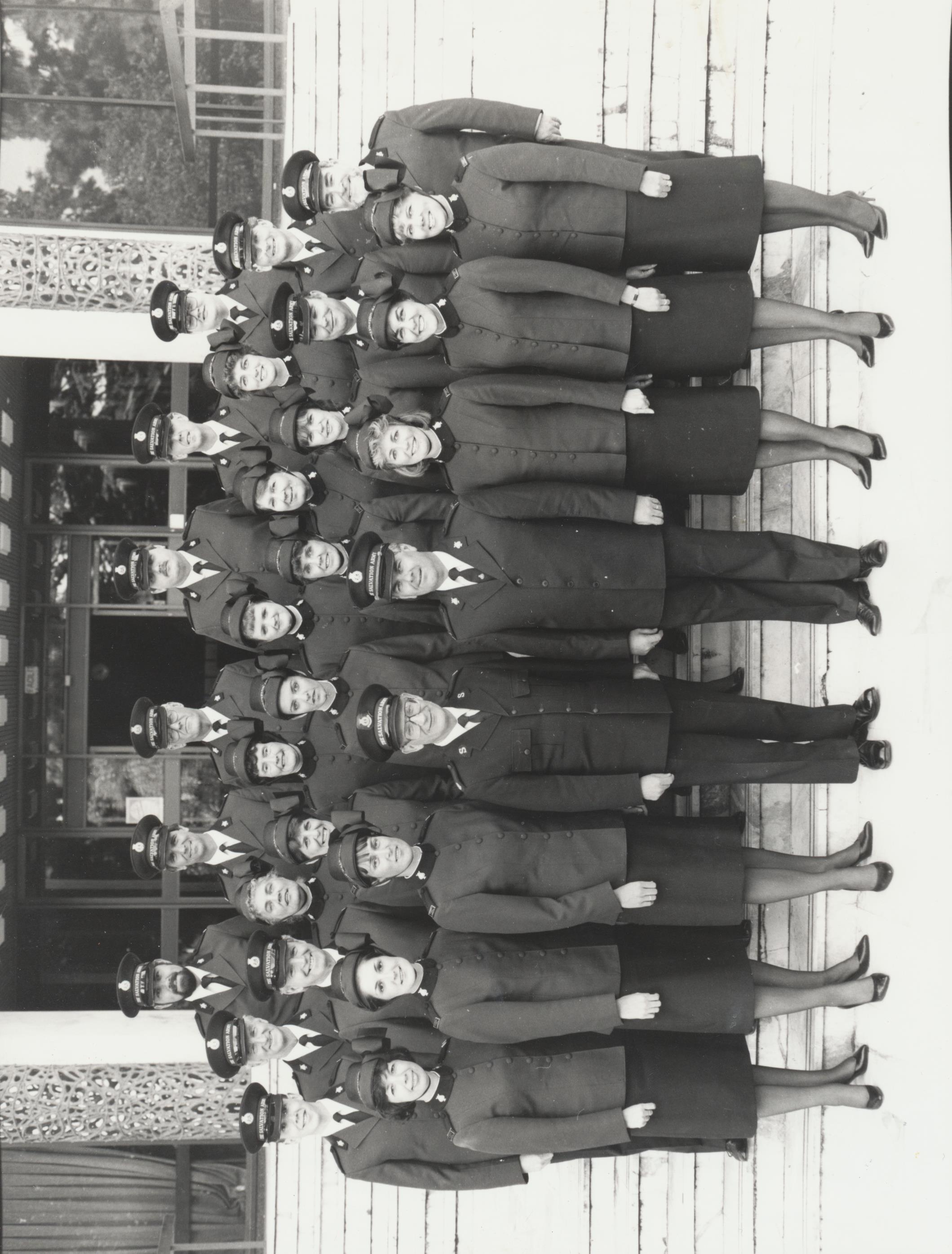 1990: The Melbourne Staff Songsters, who participated in the International Congress in London after a tour of England. Songster Leader Rodney Reeve; Executive Officer Major Denis Lorimer.