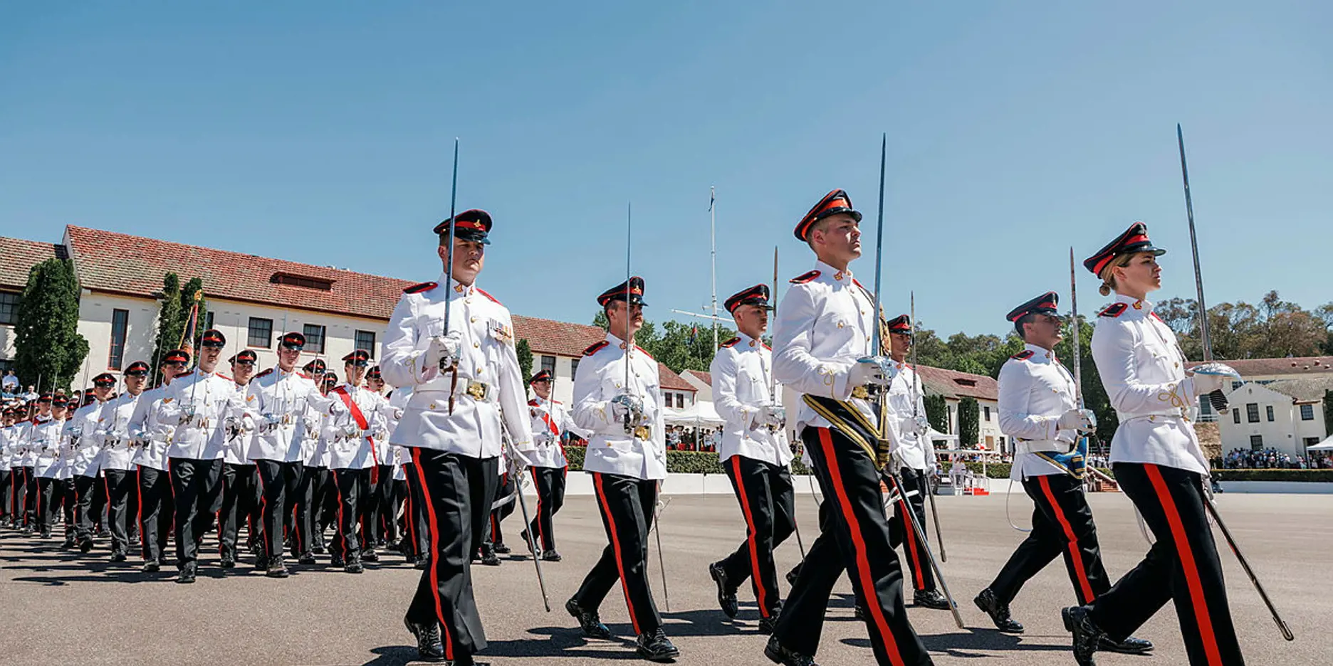 Graduating Staff Cadets of the Royal Military College march across the parade ground for the last time during the December 2024 Graduation Parade at the Royal Military College - Duntroon in Canberra.